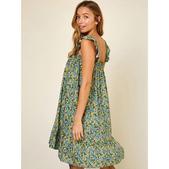 Navy Sleeveless Ruffle Smock Floral Mini Dress - Picture 3 of 4